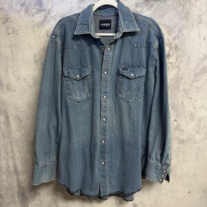 Wrangler Pearl Snap Denim Shirt Mens XL Tall Blue Long Sleeve Western Vintage